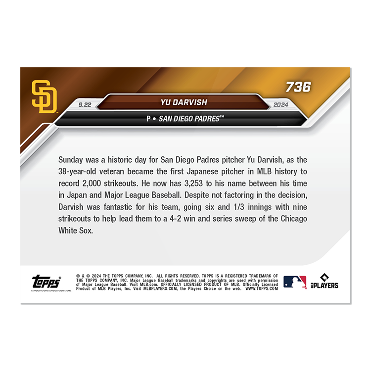 達比修有 2024 Topps NOW 球員卡 Card 736