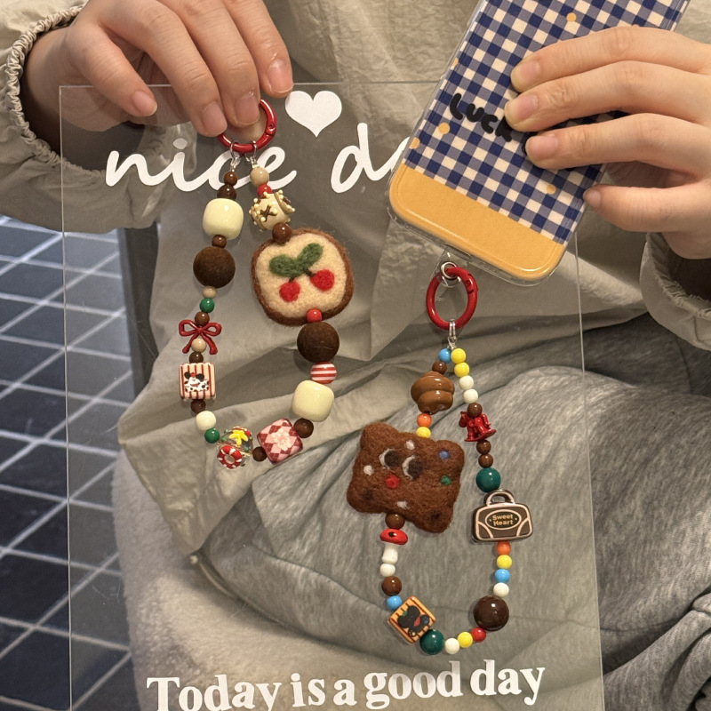 《5310》秋冬咖啡毛氈曲奇餅乾彩豆手機鏈