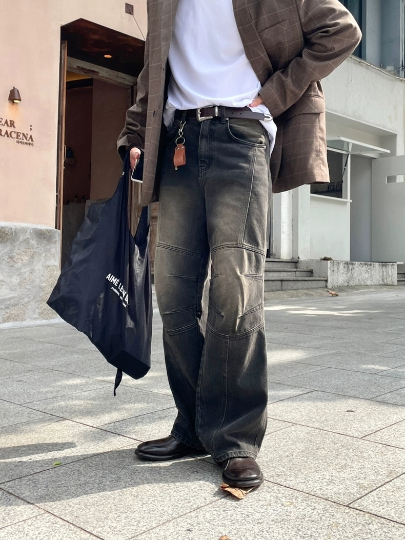 拼接立體線寬牛仔褲