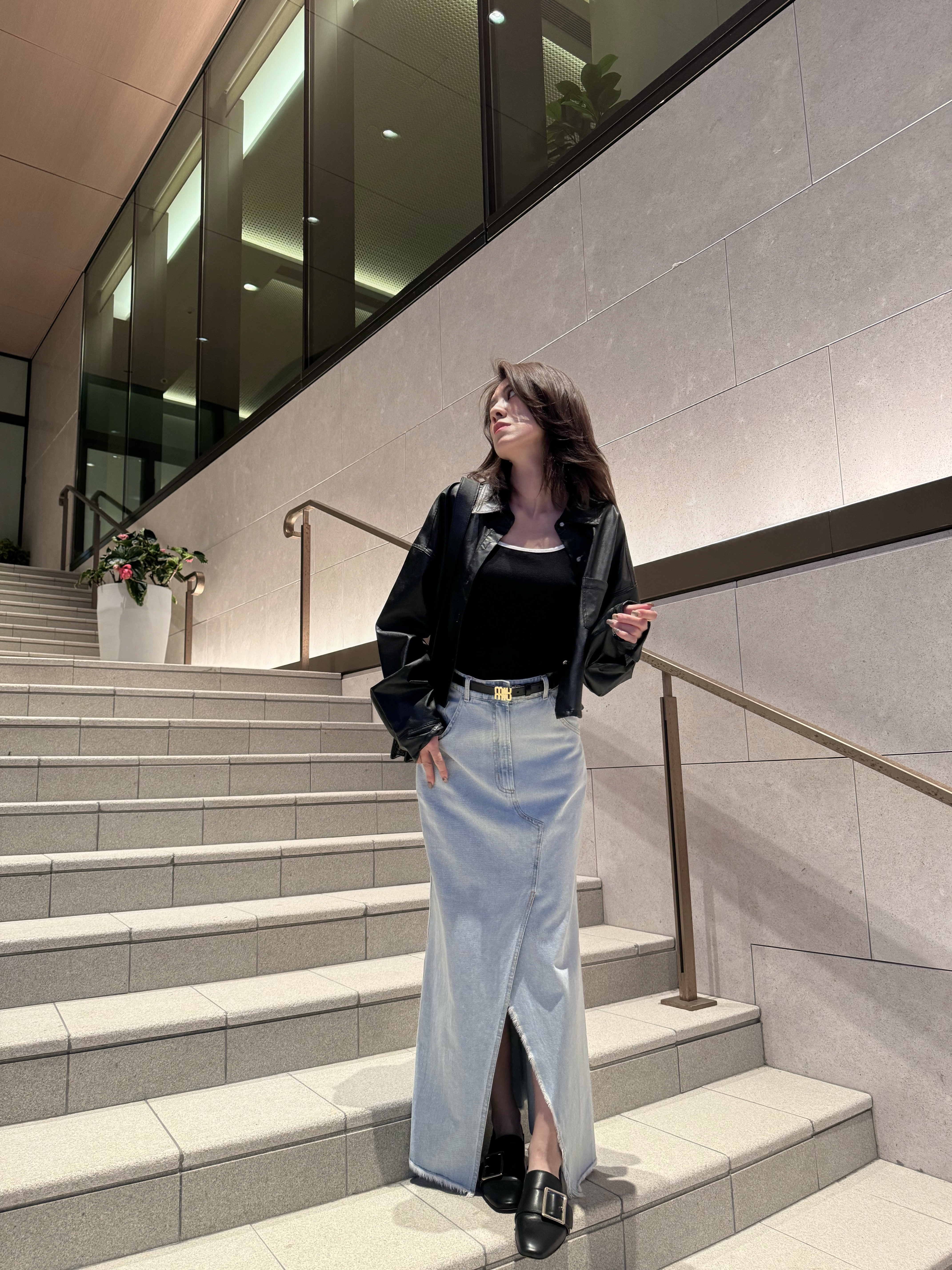 Wrap Effect Front Slip Maxi Denim Skirt_SK244L21