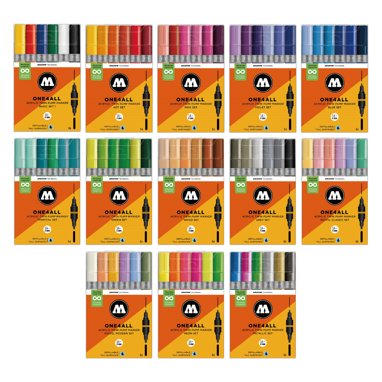 ONE4ALL™ Acrylic Twin Set 6pcs 雙頭壓克力筆六入組 1.5mm&4mm/5ml