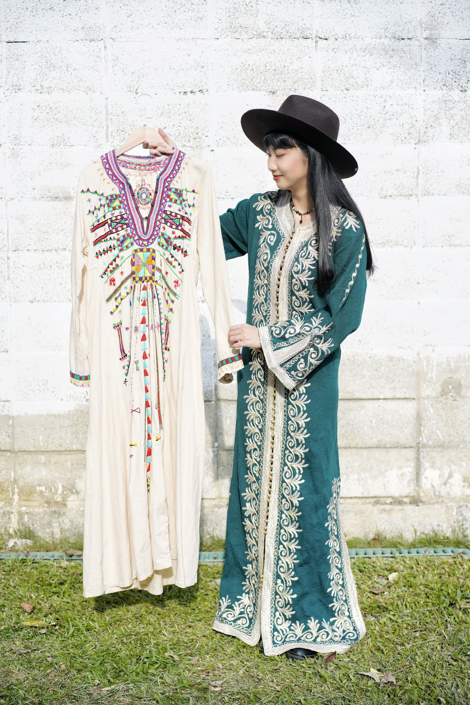 Vintage Dress/藍綠色民族風刺繡綠洋裝