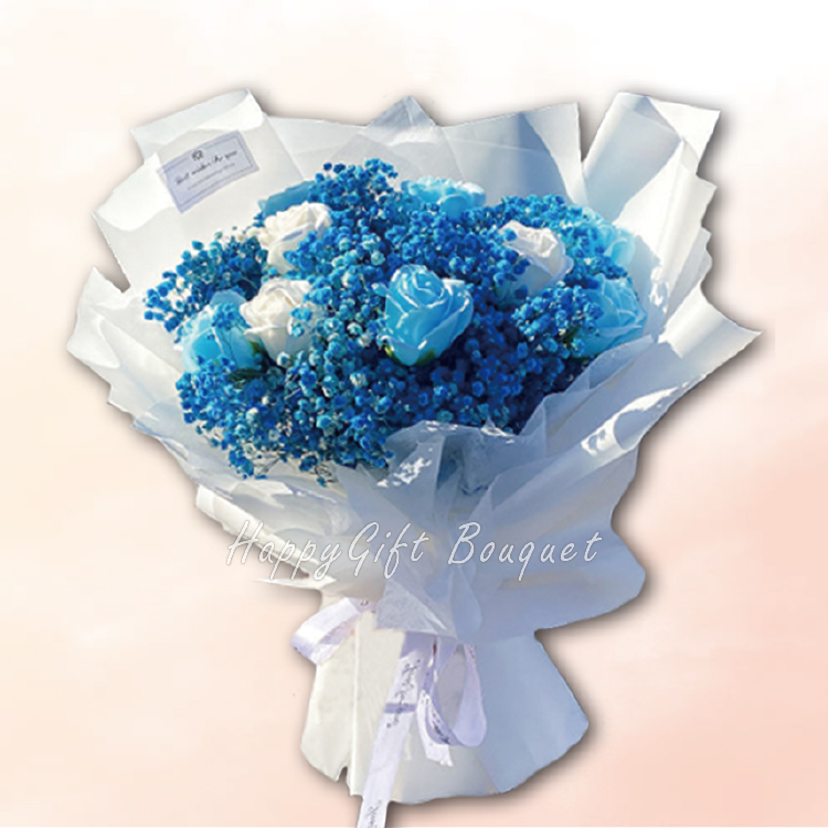 藍色9朵玫瑰香皂滿天星永生乾燥花束,9 Roses Soapflower  Gypsophila Everlasting Dry Bouquet