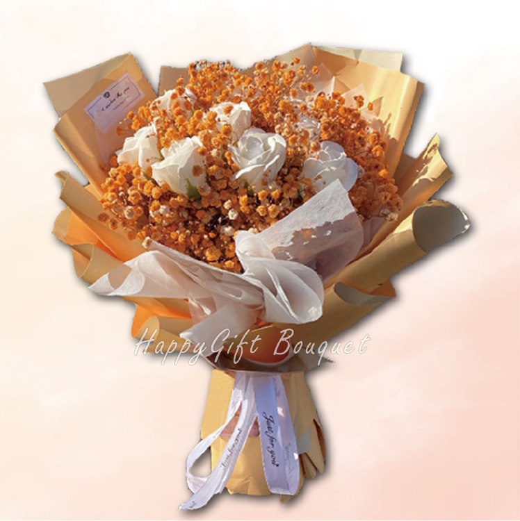橘色9朵玫瑰香皂滿天星永生乾燥花束,9 Roses Soapflower  Gypsophila Everlasting Dry Bouquet