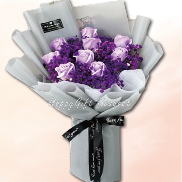 紫色9朵玫瑰香皂滿天星永生乾燥花束,9 Roses Soapflower  Gypsophila Everlasting Dry Bouquet
