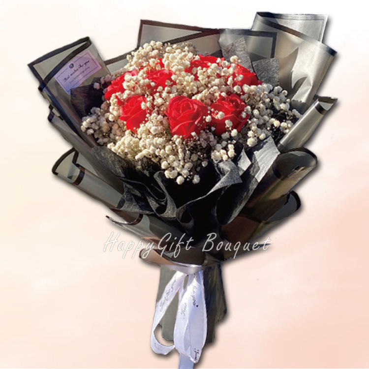 紅玫瑰白色滿天星9朵玫瑰香皂滿天星永生乾燥花束,9 Roses Soapflower  Gypsophila Everlasting Dry Bouquet