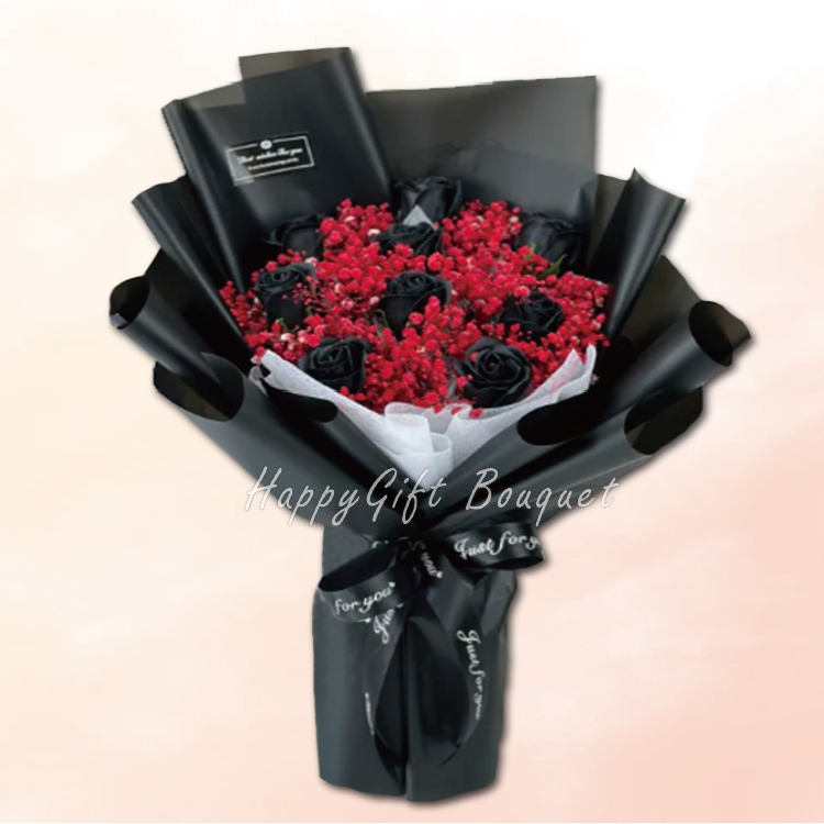 黑色玫瑰紅色滿天星,9朵玫瑰香皂滿天星永生乾燥花束,9 Roses Soapflower  Gypsophila Everlasting Dry Bouquet