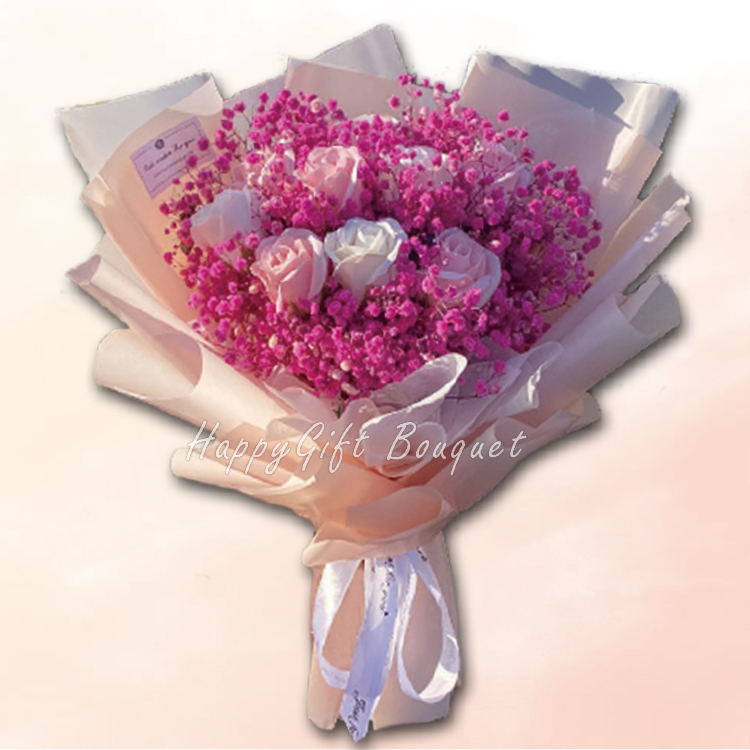 粉色9朵玫瑰香皂滿天星永生乾燥花束,9 Roses Soapflower  Gypsophila Everlasting Dry Bouquet