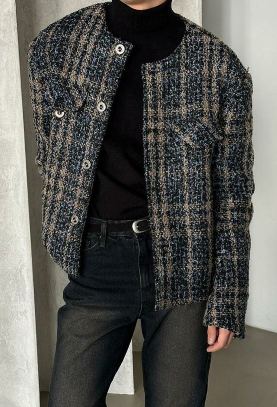 圓領閃條格紋開胸外套 MALENKII-097JK