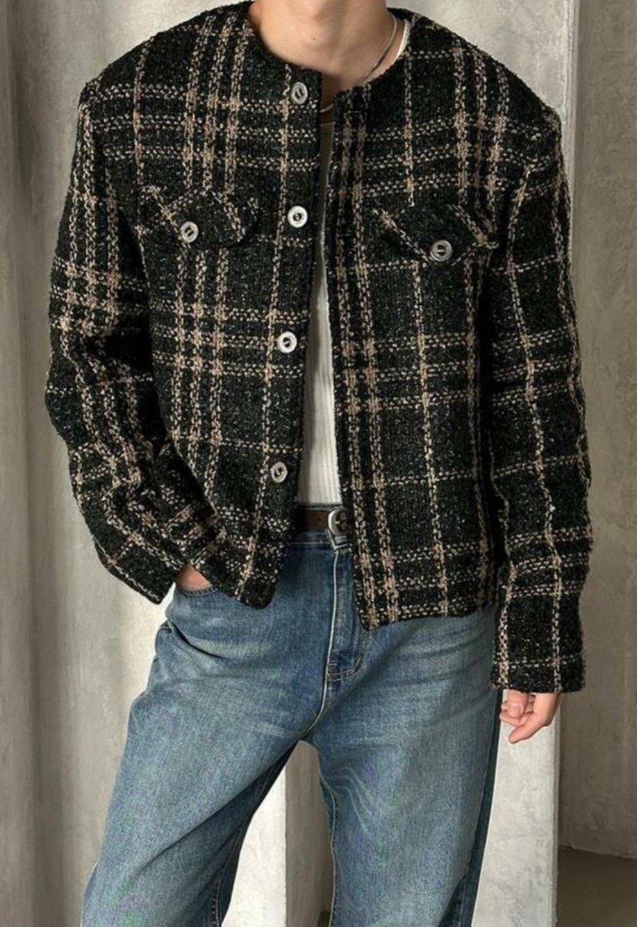 圓領閃條格紋開胸外套 MALENKII-097JK