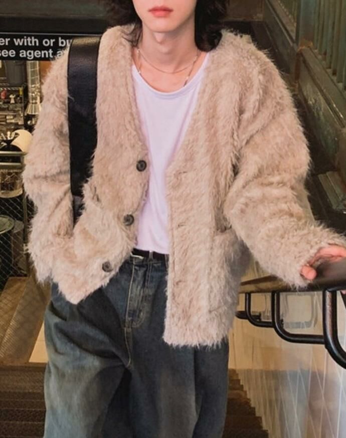 V領淨色毛毛開胸外套 MALENKII-107JK