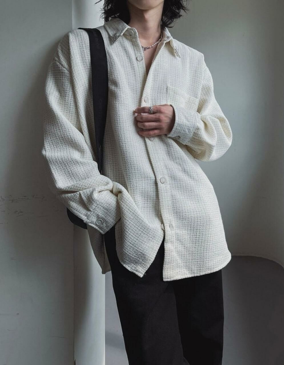 OverSize暗格紋長袖恤衫 MALENKII-108S