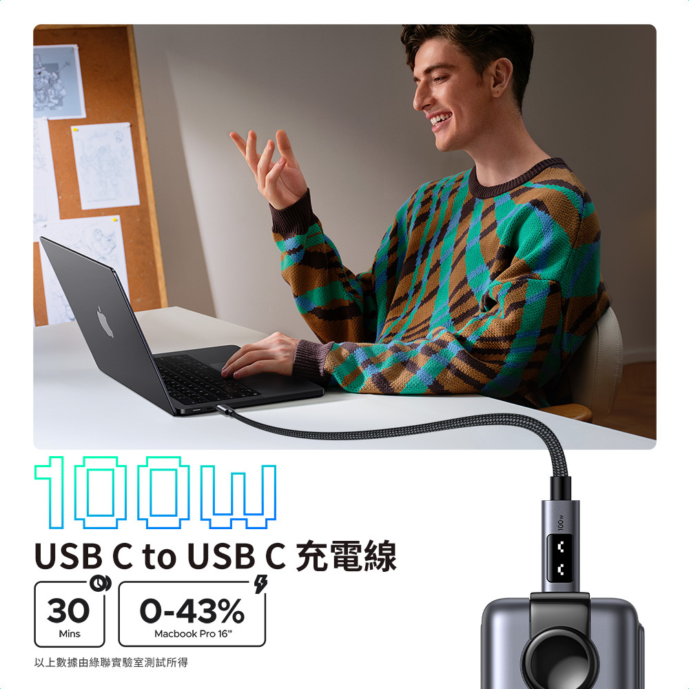 USB C to USB C 充電線30Mins0-43%Macbook Pro 16以上數據由綠聯實驗室測試所得