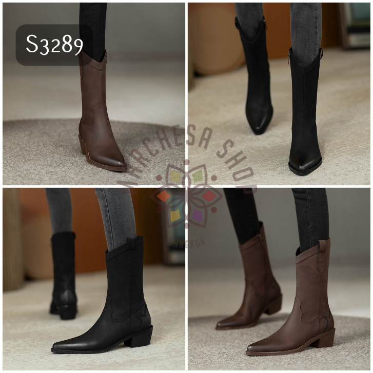 S3289 - 全真皮羊皮水磨牛仔鈄口中短靴