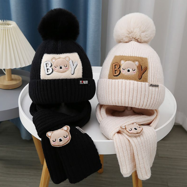 秋冬針織兒童小熊毛線帽子圍巾兩件套 WS7201