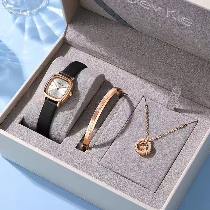【Colev Kie】CVK-002 玫瑰白方形黑皮石英錶+手鐲+項鍊首飾項鍊禮盒組