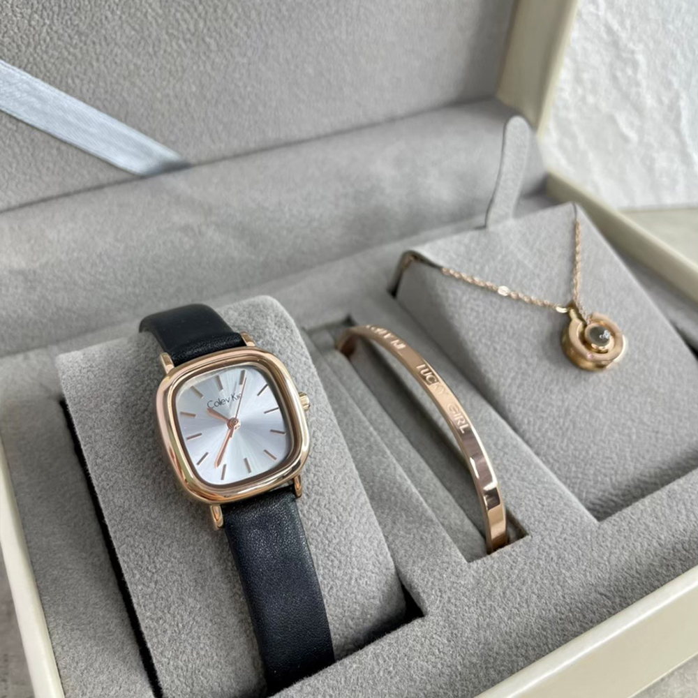 【Colev Kie】CVK-002 玫瑰白方形黑皮石英錶+手鐲+項鍊首飾項鍊禮盒組