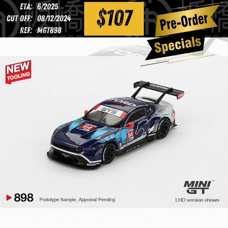PO-$107 * MINI GT * 1:64 #898 Ford Mustang GT3 #64 Ford Multimatic Motorsports 2024 IMSA Daytona 24 Hrs LHD [OD25/11]