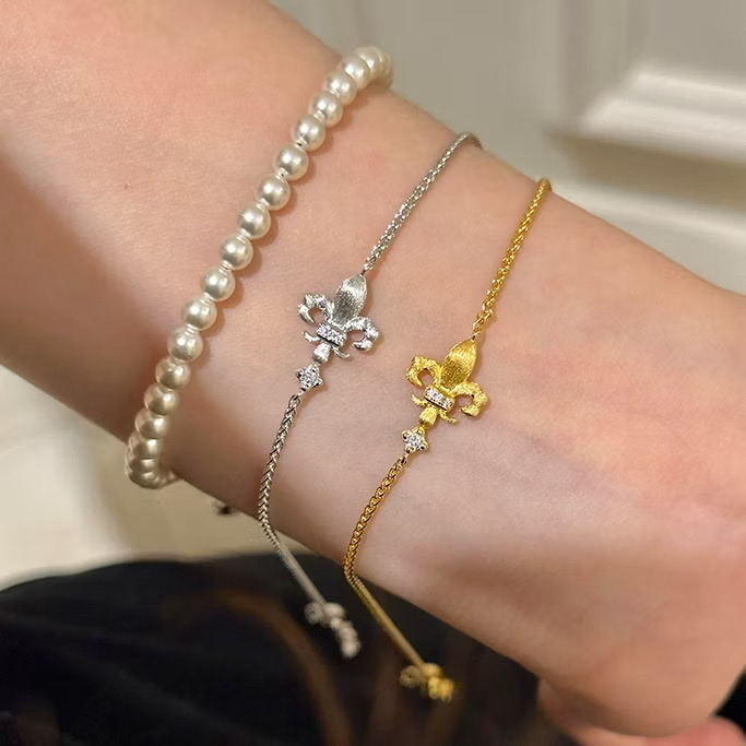 vintage中古金銀拉絲”鳶尾花鑲鑽抽拉手鍊