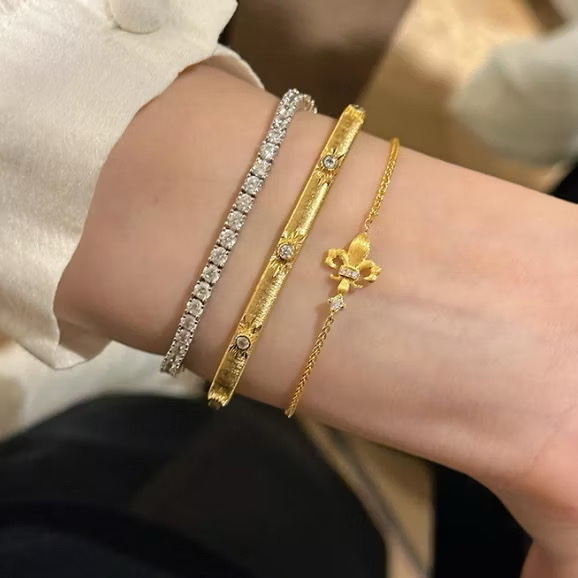 vintage中古金銀拉絲”鳶尾花鑲鑽抽拉手鍊