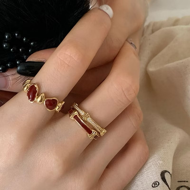 復古紅滴釉鋯石拉金’小凱旋門三件開口戒set