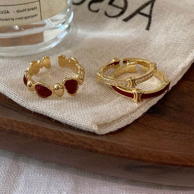 復古紅滴釉鋯石拉金’小凱旋門三件開口戒set