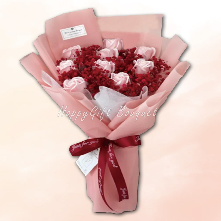 9朵玫瑰香皂滿天星永生乾燥花束,9 Roses Soapflower  Gypsophila Everlasting Dry Bouquet