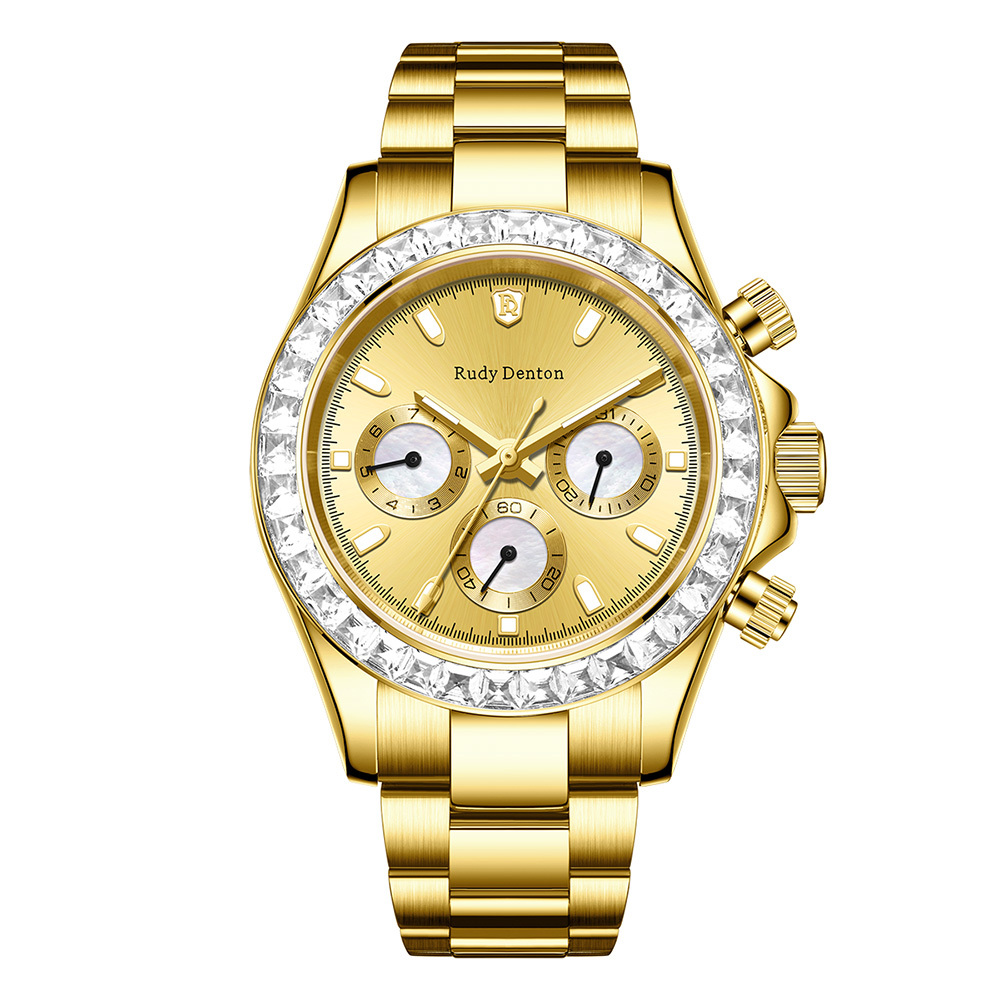 【RudyDenton 勞迪丹頓】 RDT-010-S01 24K黃金 夜光 晶鑽錶圈 日期星期 真三眼 鏤空 機械 手錶