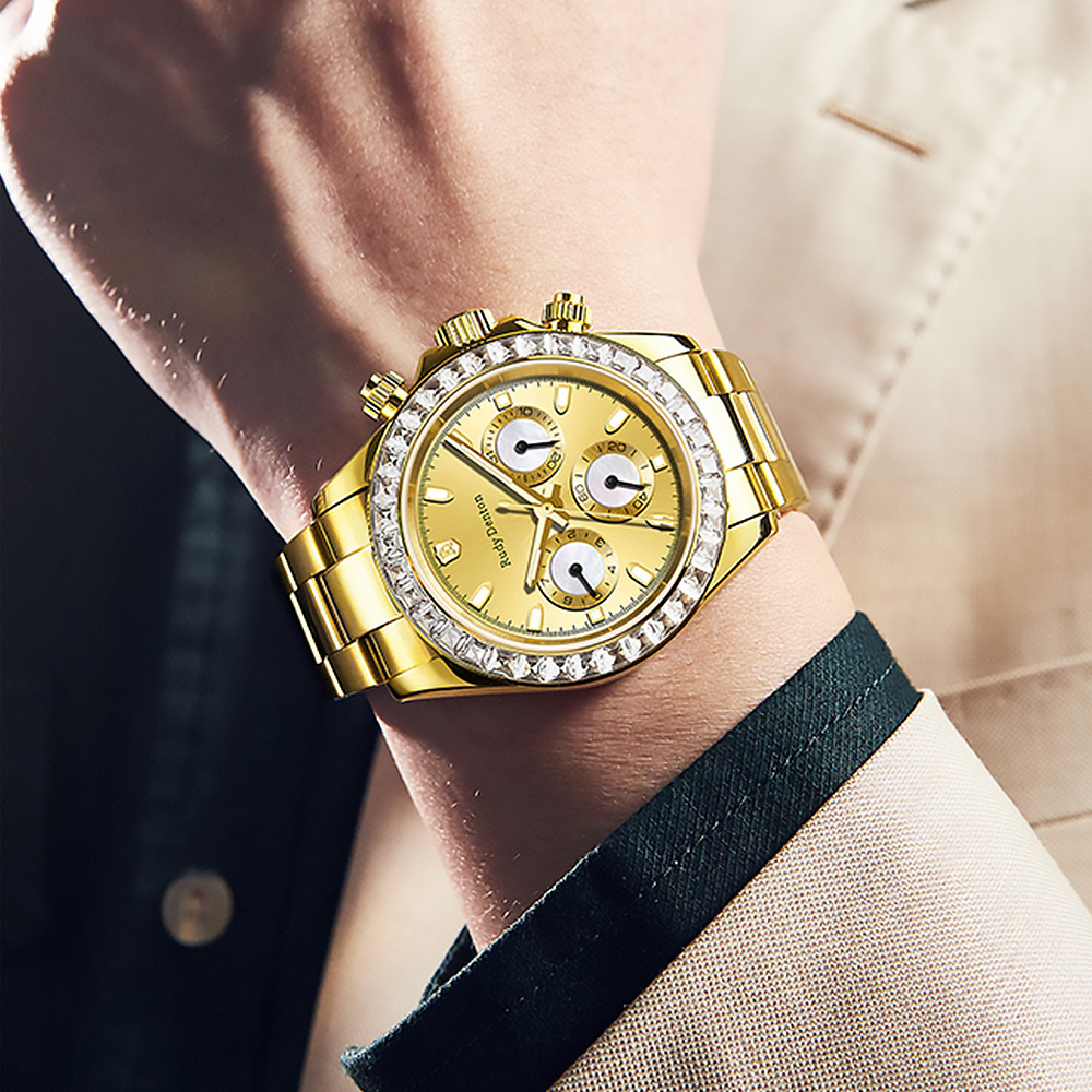 (預購)【RudyDenton 勞迪丹頓】 RDT-010-S01 24K黃金 夜光 晶鑽錶圈 日期星期 真三眼 鏤空 機械 手錶