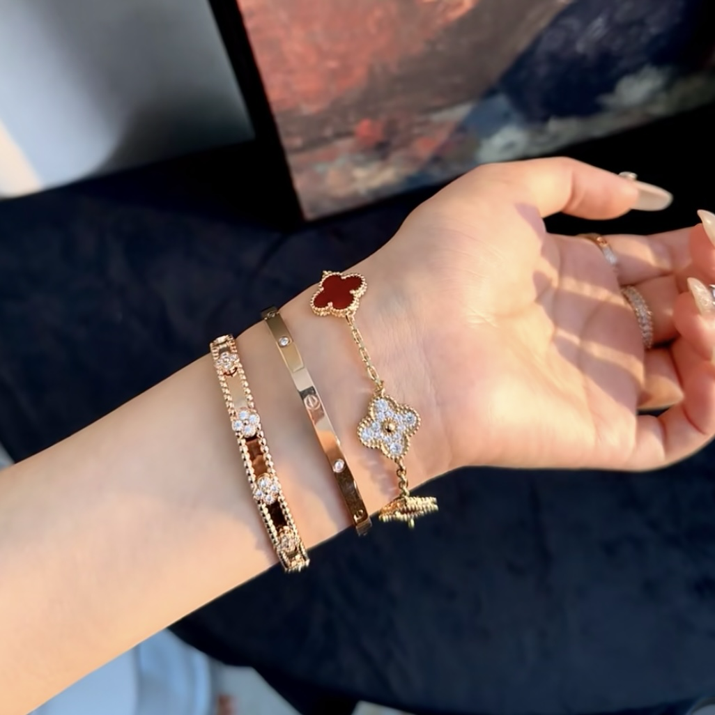 18k經典紅瑪瑙滿鑽五花四葉草”高奢定製手鍊