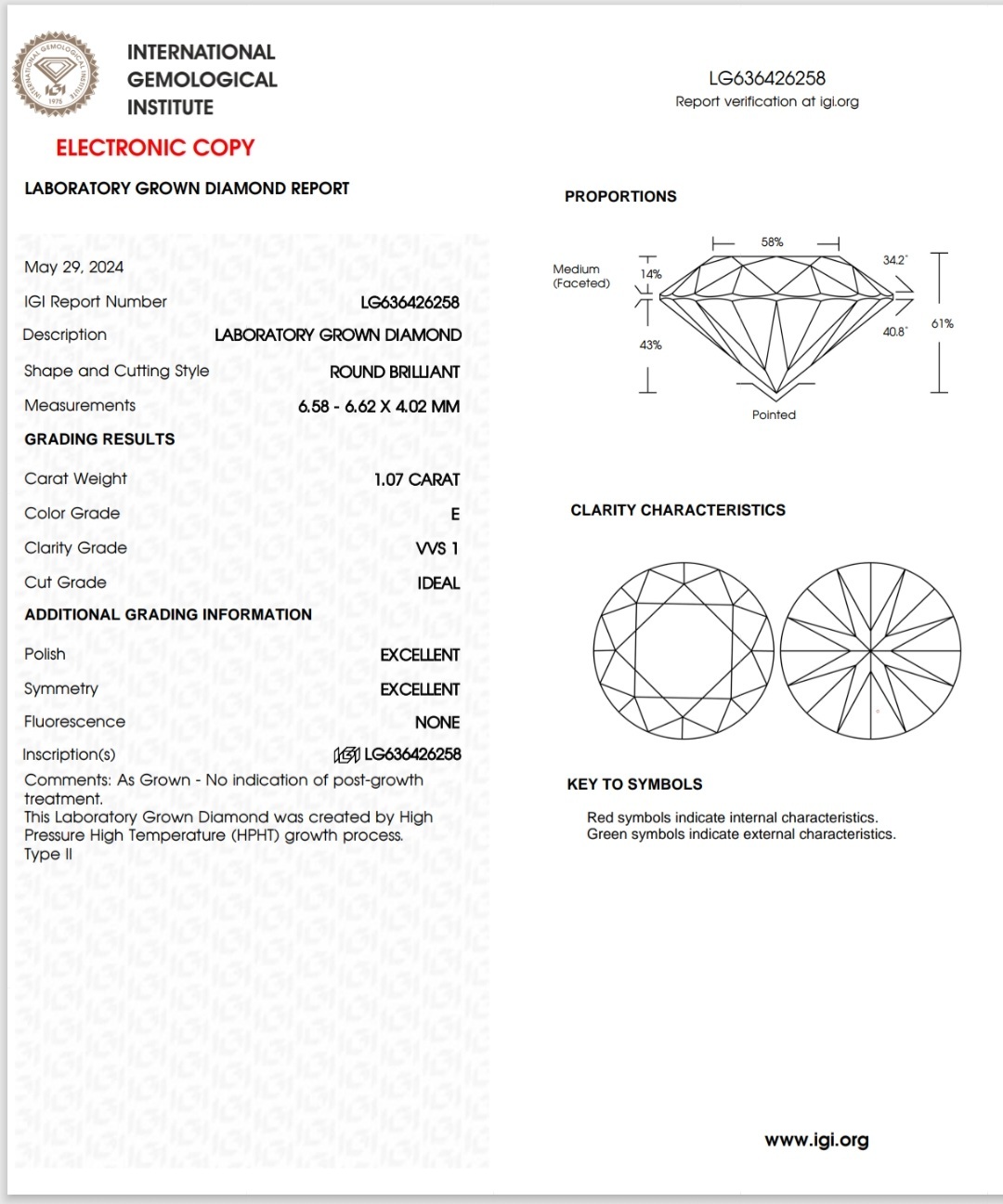 IGI LAB GROWN DIAMOND 1.07 E VVS1 IDEAL 2EX NON