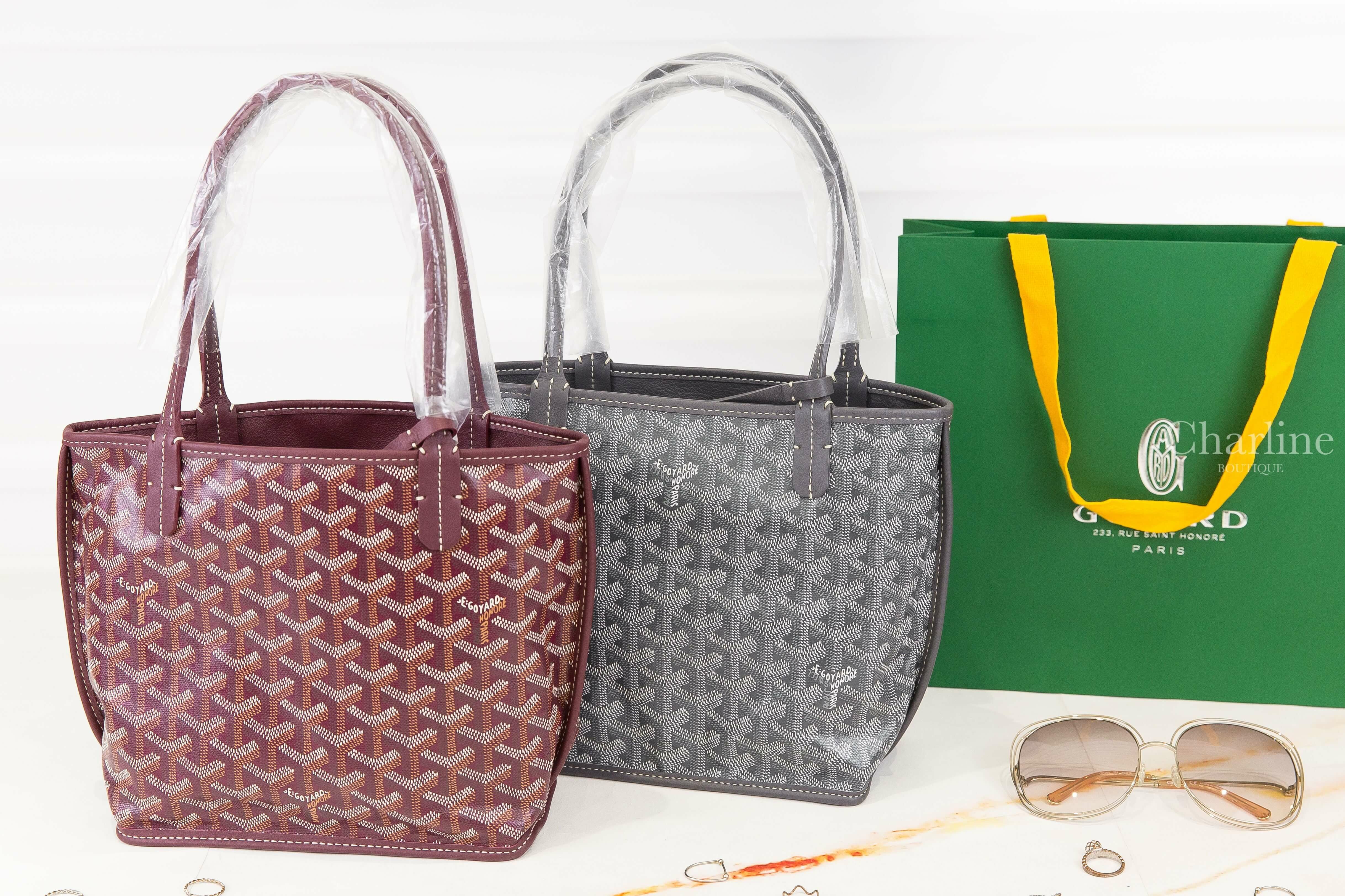 Goyard Anjou Mini Bag 勃根地酒紅色帆布小牛皮同色提把迷你無拉鍊托特包,灰色帆布小牛皮同色提把迷你無拉鍊托特包-Charline Boutique 精品代購