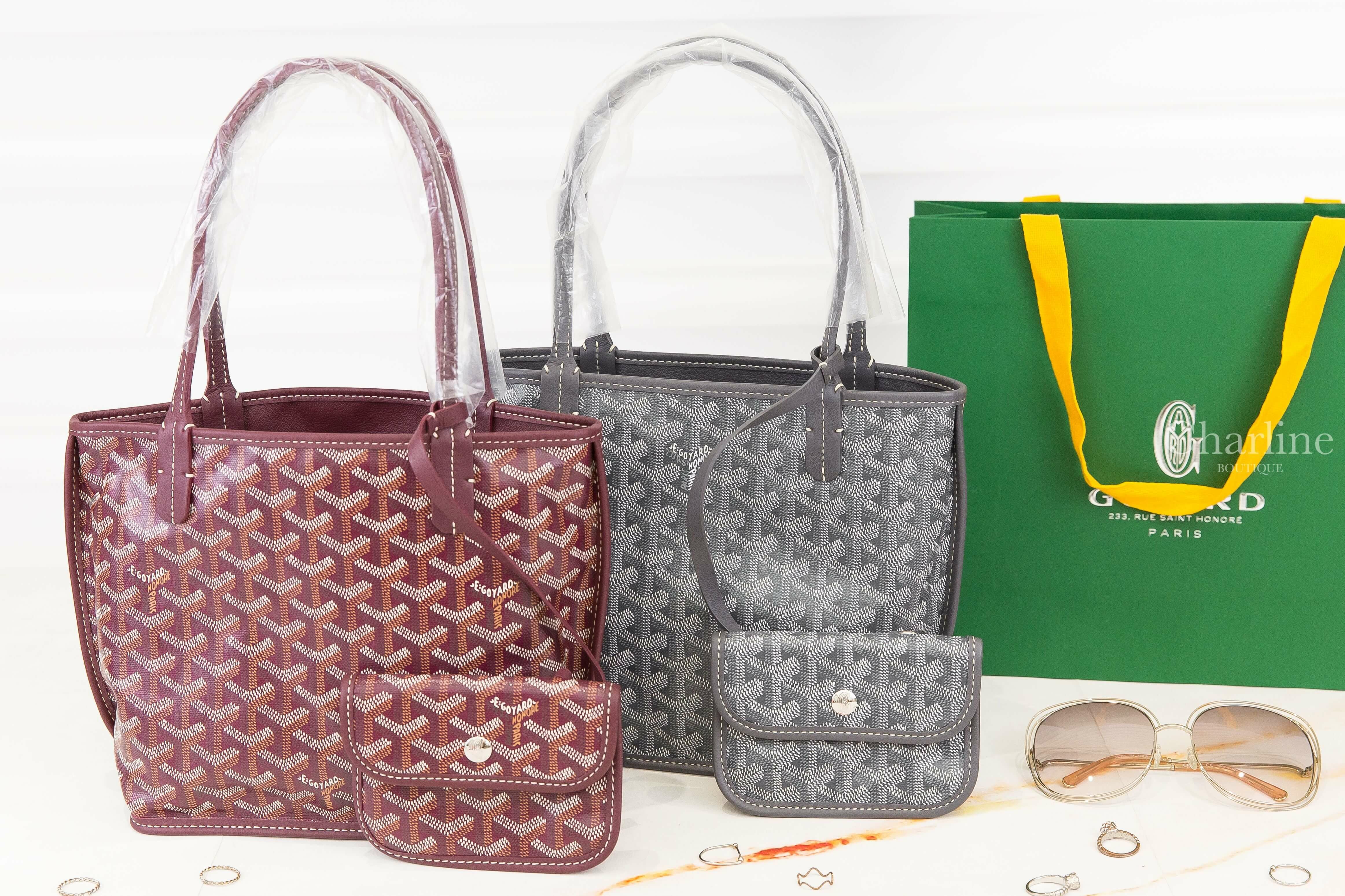 Goyard Anjou Mini Bag 勃根地酒紅色帆布小牛皮同色提把迷你無拉鍊托特包,灰色帆布小牛皮同色提把迷你無拉鍊托特包-Charline Boutique 精品代購