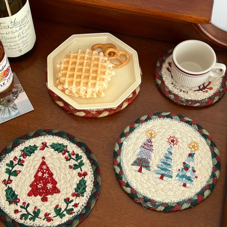 《5314》復古聖誕節手工編織吸水杯墊隔熱墊