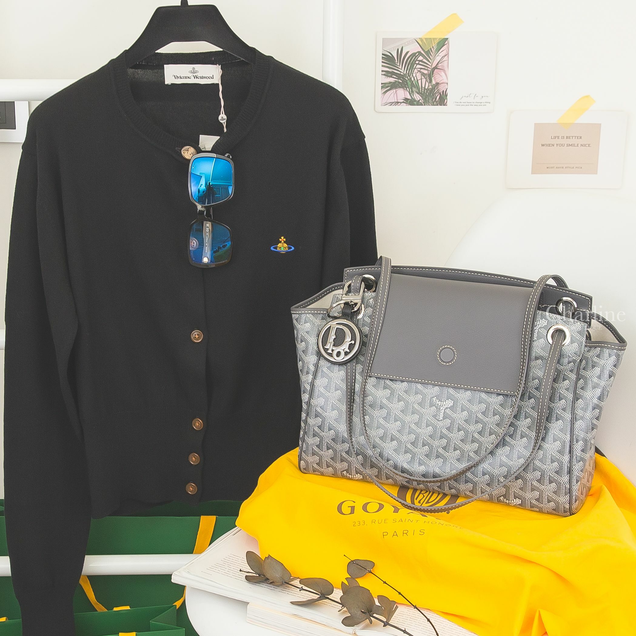 Goyard Rouette Souple Bag 灰色帆布小牛皮同色手提肩背包,Chanel 黑色方框側邊金色Logo平光眼鏡,Dior黑色粒面小牛皮銀色Dior圓框銀釦吊環圓型鑰匙圈-Charline Boutique 精品代購