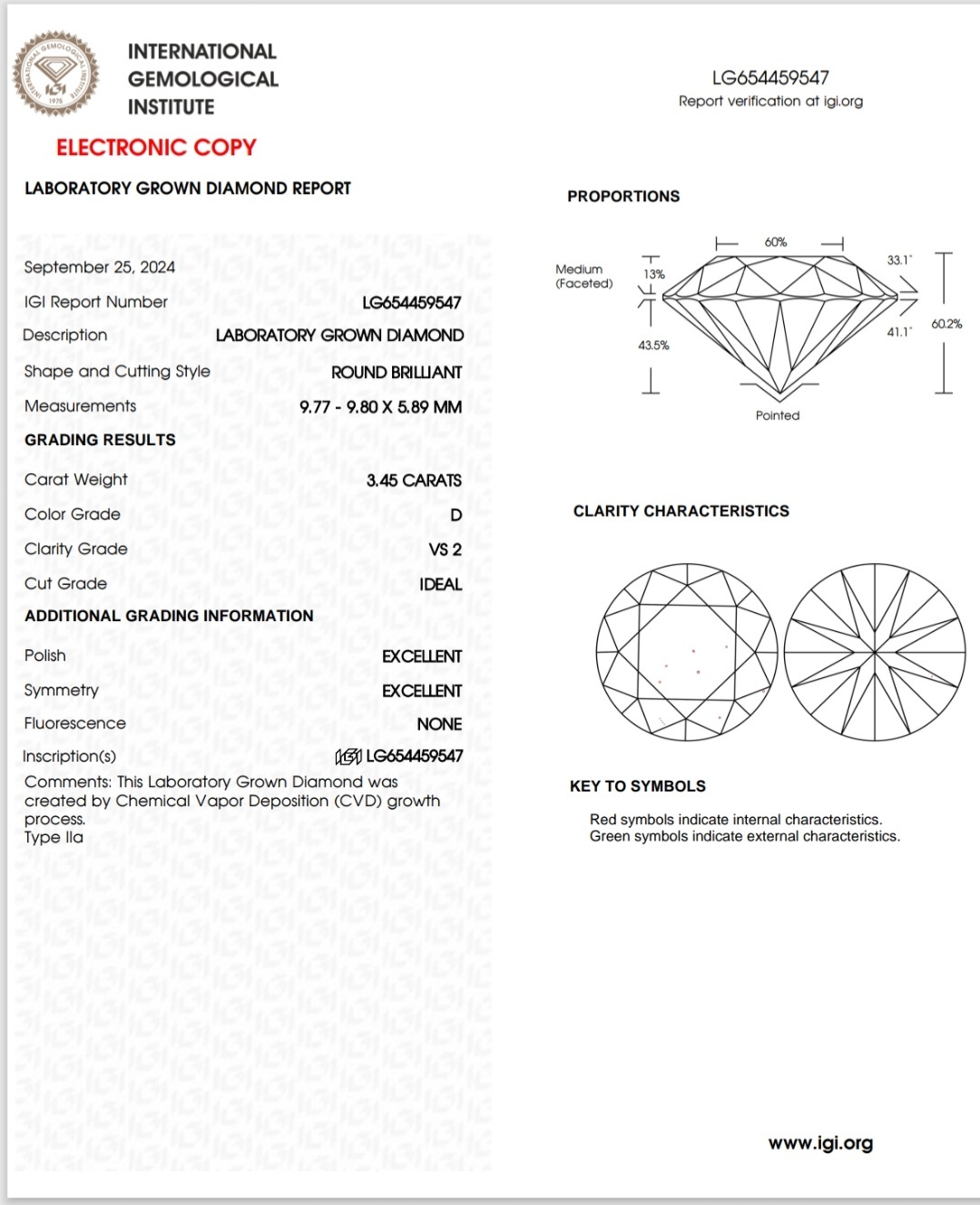IGI LAB GROWN DIAMOND 3.45 D VS2 IDEAL 2EX NON