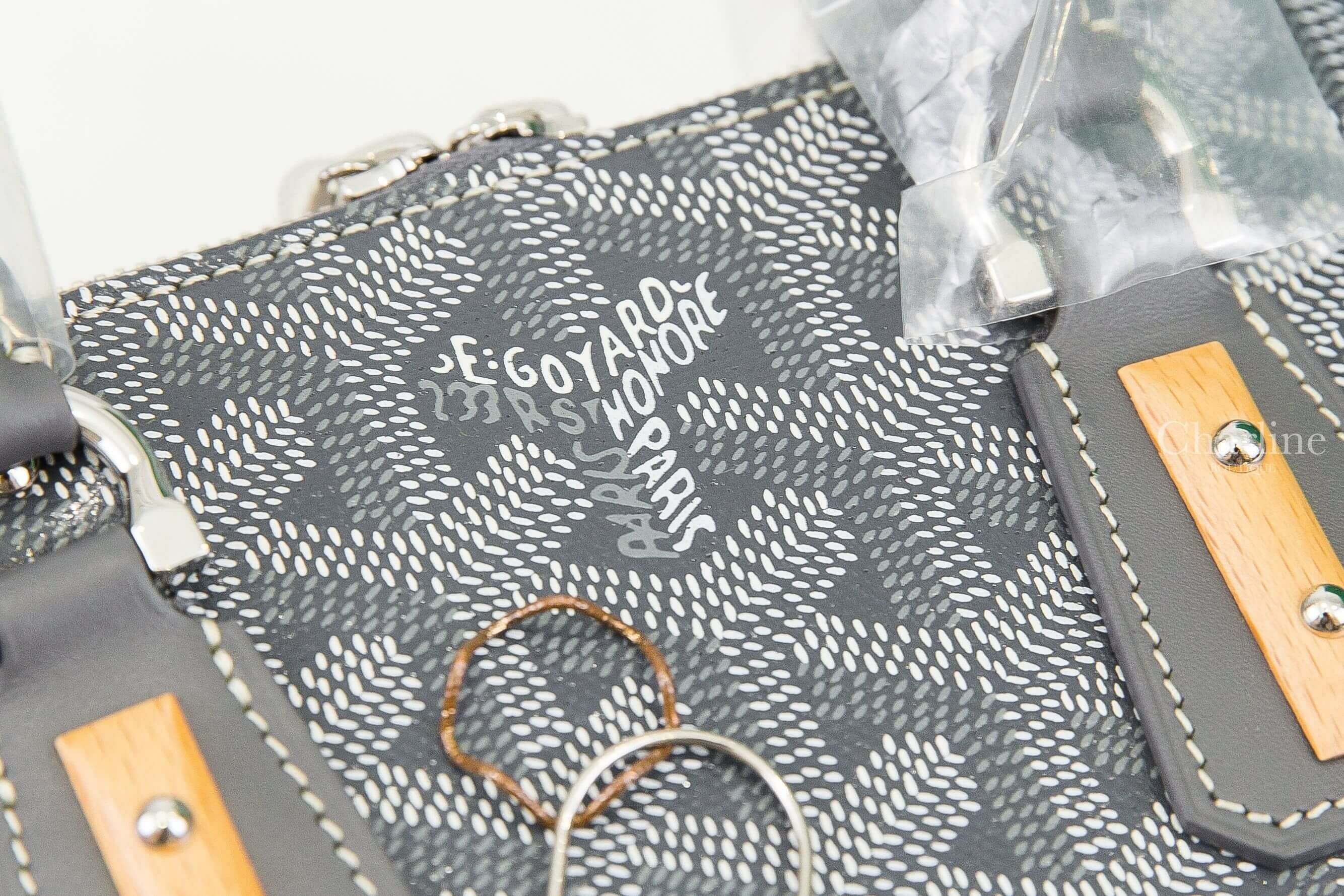 Goyard Vendôme Mini Bag 灰色帆布小牛皮同色提把木紋裝飾黃色內裡迷你拉鍊手提包