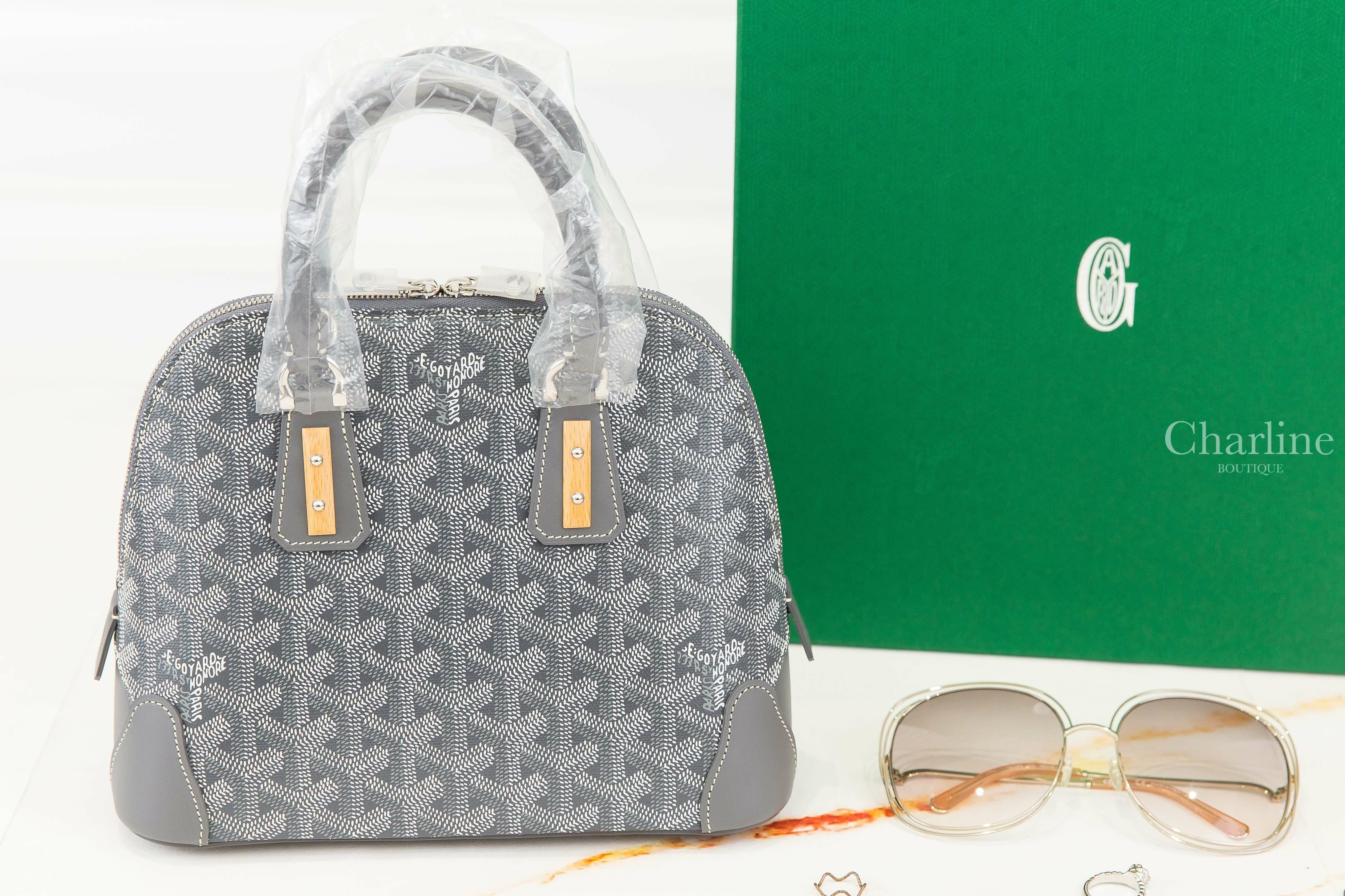 Goyard Vendôme Mini Bag 灰色帆布小牛皮同色提把木紋裝飾黃色內裡迷你拉鍊手提包