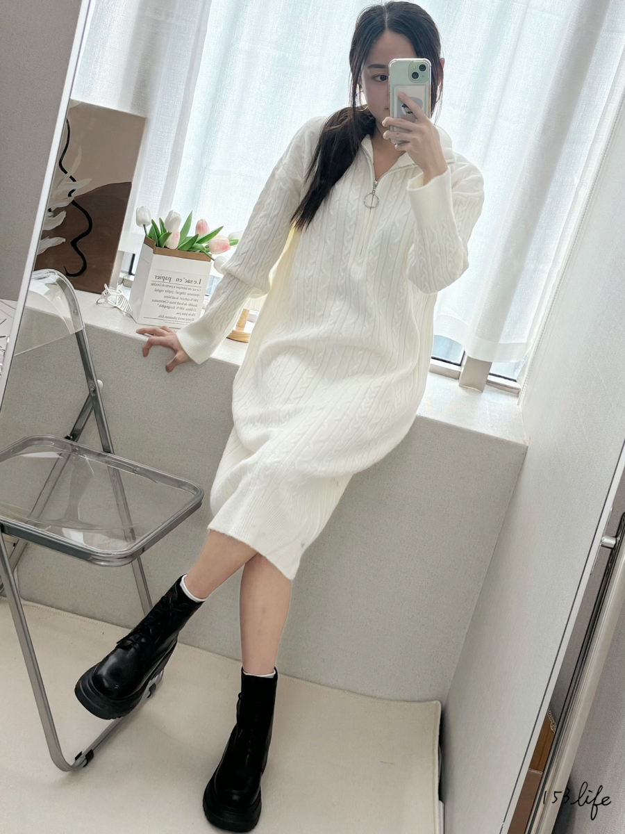 |現貨|翻領前拉鍊麻花針織中長洋(2色)