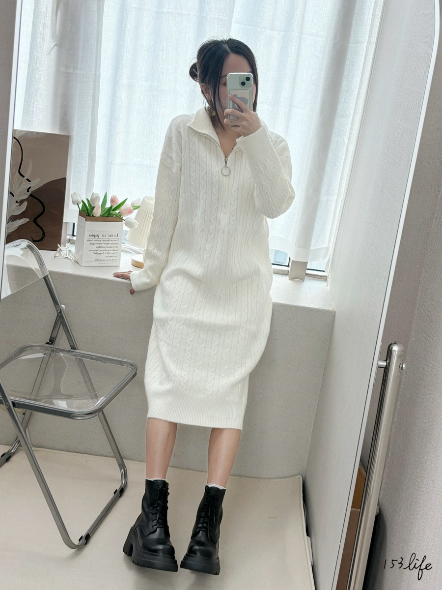 |現貨|翻領前拉鍊麻花針織中長洋(2色)