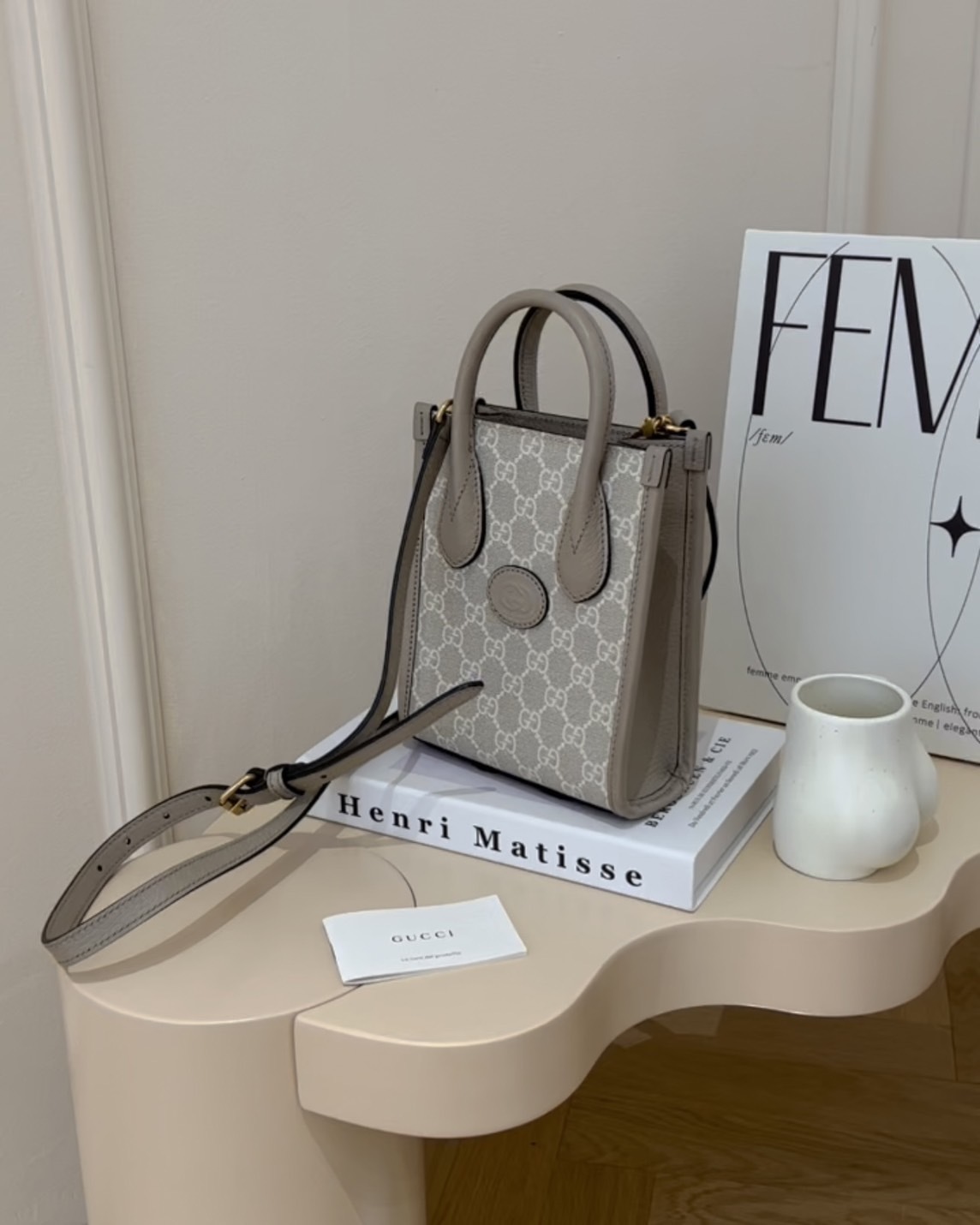 GUCCI｜迷你琴譜托特包 米白老花