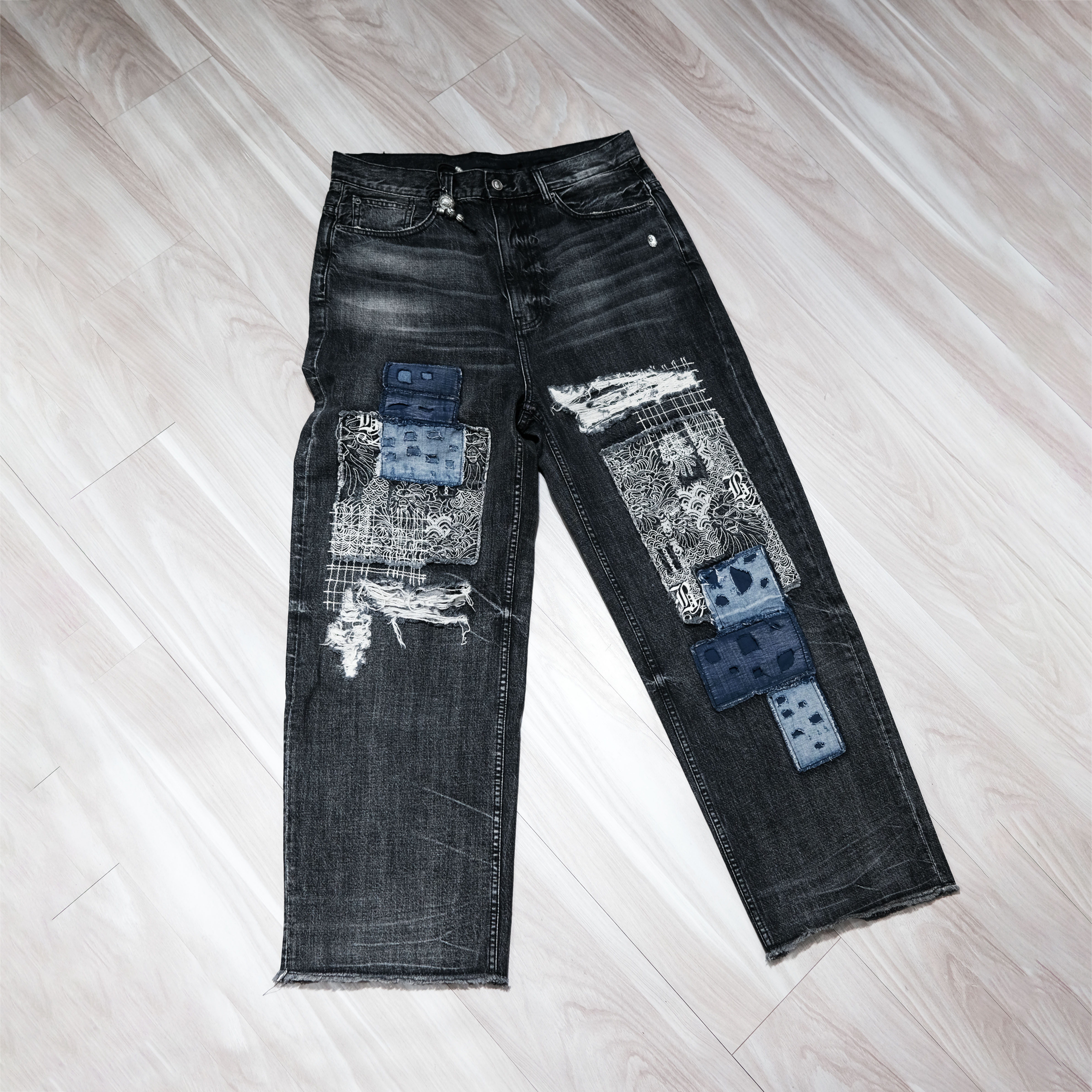 BAPE BLACK  A BATHING APE PATCHWORK  JEANS 破壞補丁 拼布 貓鬚水洗 單寧 牛仔褲 -M150302N