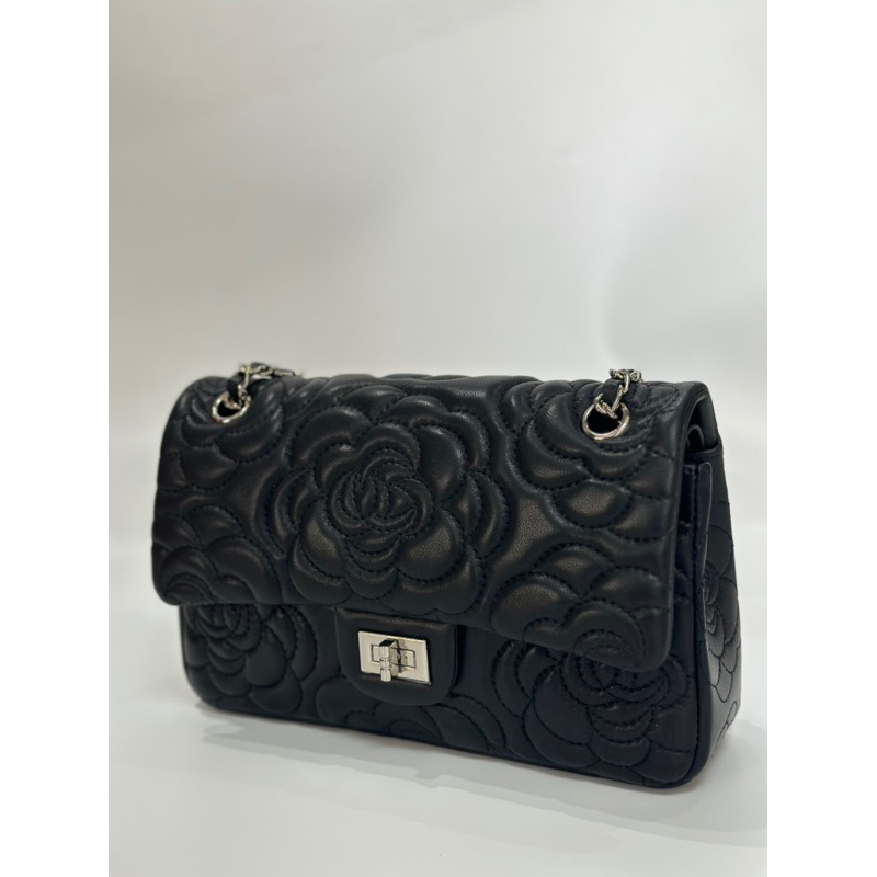 真皮 牛皮女包 斜背 側背 山茶花 黑（112）