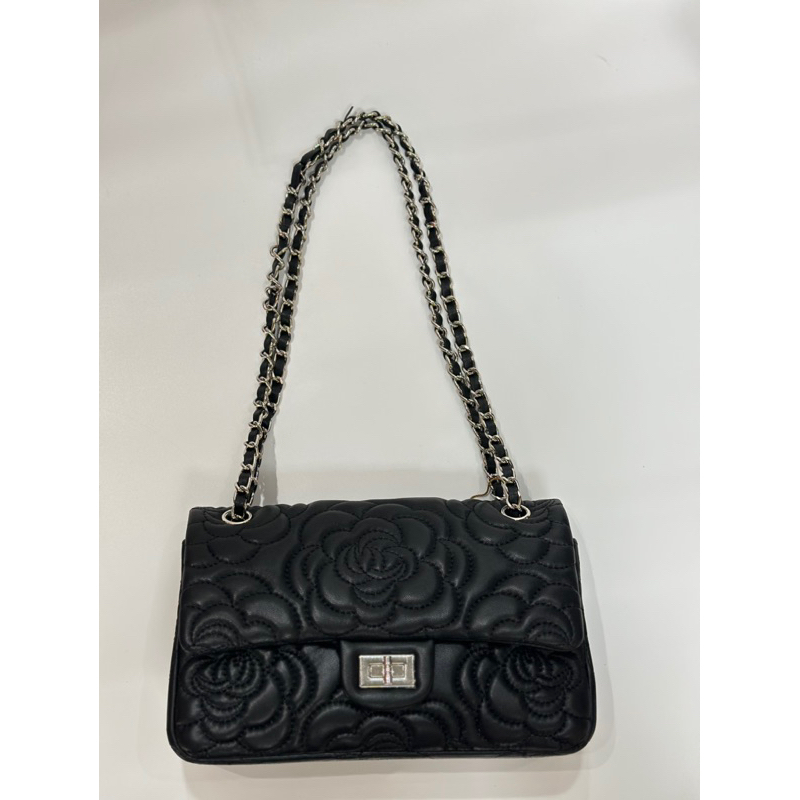 真皮 牛皮女包 斜背 側背 山茶花 黑（112）