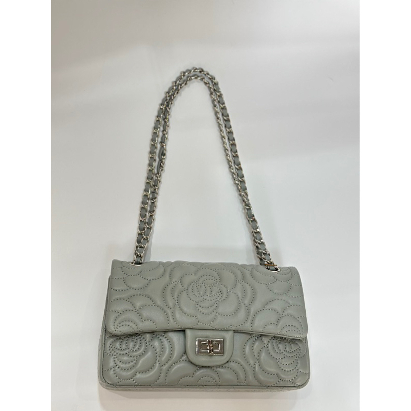 真皮 牛皮女包 側背包 斜背包 山茶花 灰（112）