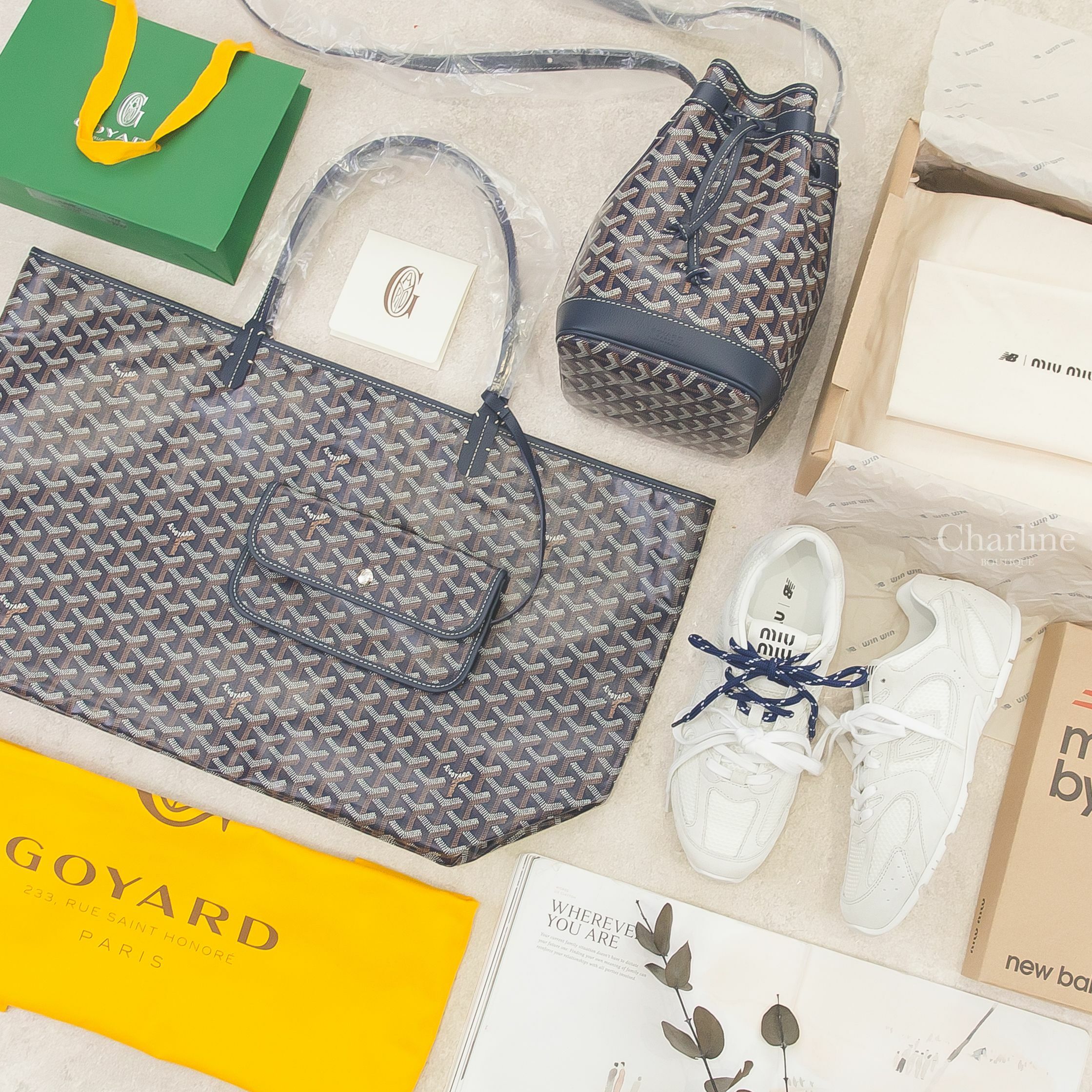 Goyard Saint Louis Gm Bag 海軍藍帆布托特包,Goyard Petit Flot Bucket Bag 海軍藍水桶包,Miu Miu New Balance 530白色聯名款-Charline Boutique 精品代購