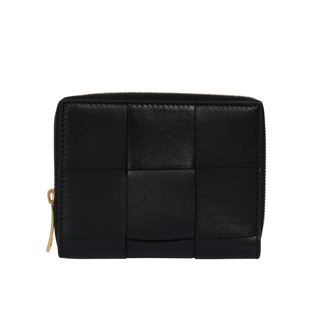 【BOTTEGA VENETA】新款大格小羊皮及小牛皮編織拉鍊短夾(黑色) 681191 VCQC1 8425