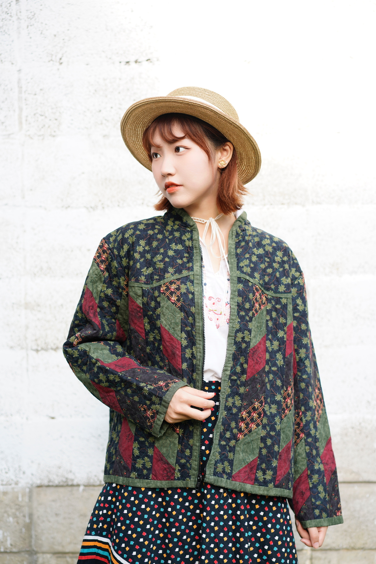 Vintage Jacket/古著秋冬鋪棉拼布外套-聖誕綠