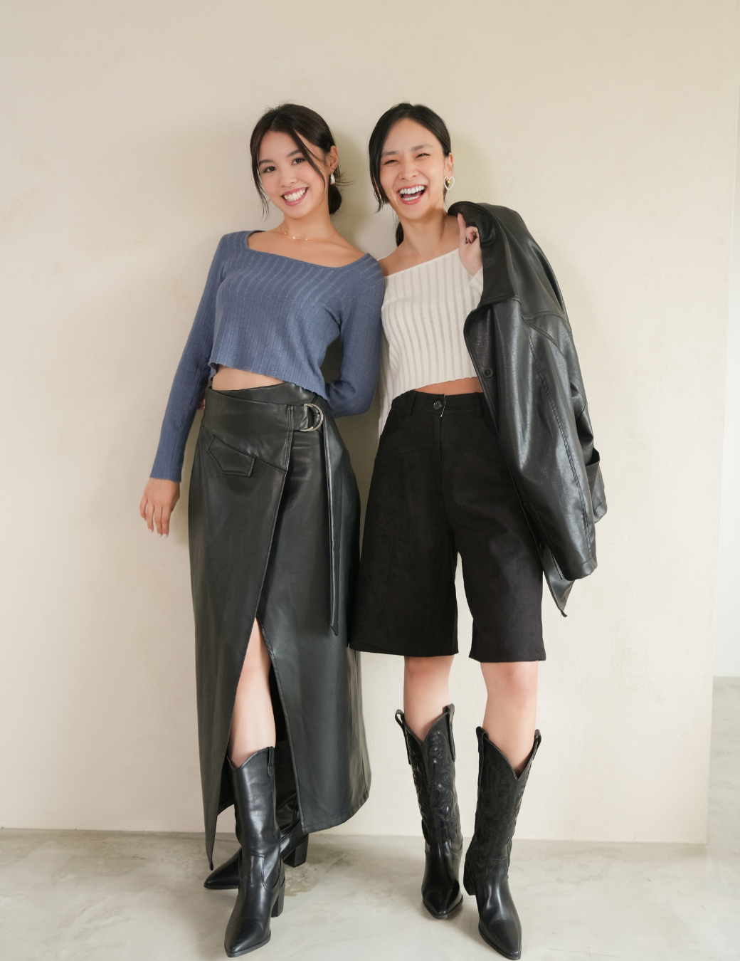 斜扣前開衩皮革長裙（6尺寸）