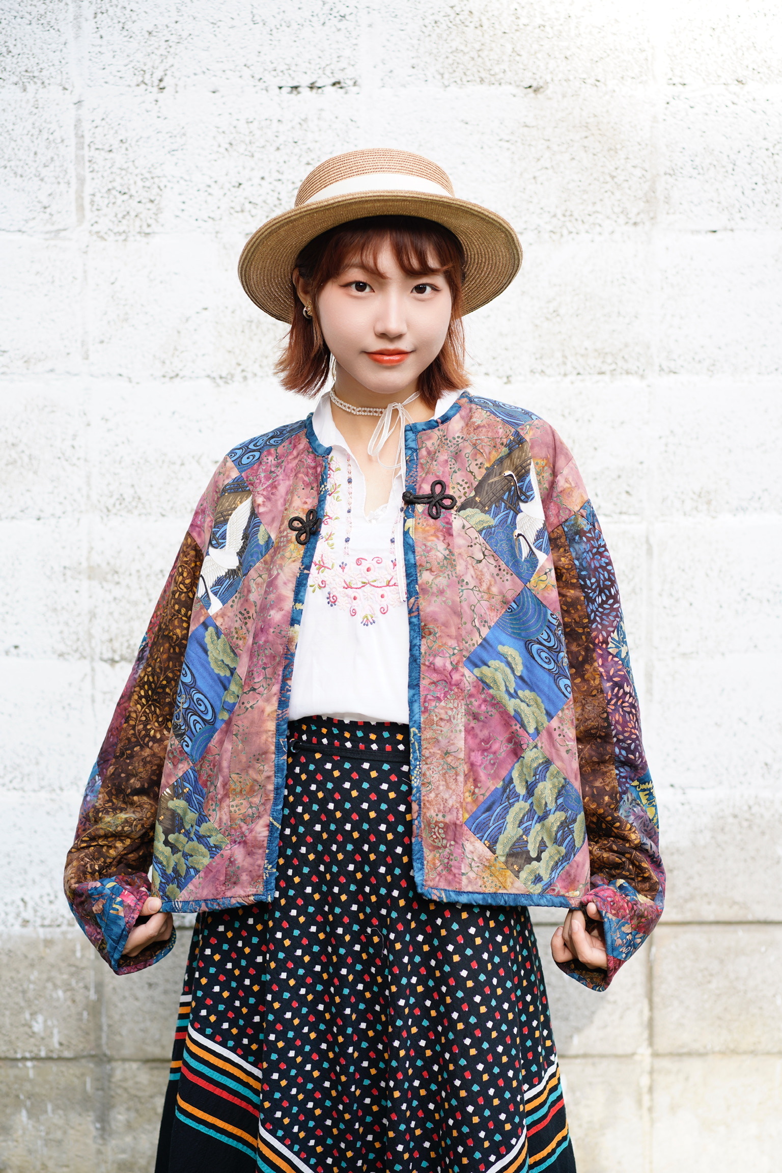 Vintage Jacket/古著拼布秋冬鋪棉外套-粉藍渲染鶴